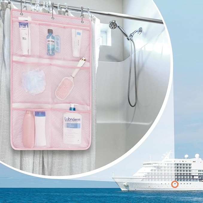 F-color Cruise Essentials 2026 - Mesh Shower Organizer Hanging with 7 Pockets for RV Gym Camping, Quick-Dry Portable Toiletry Bag with Metal Hooks for Bathroom Travel Toiletries, Pink