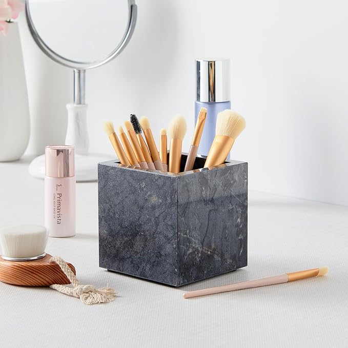 Real Luxurious Natural Marble Toothbrush Holder & Makeup Brush Organizer & Pen Holder for Desk,3.93inch Square Marble Utensil Holder Non-Ceramic/Non-Resin （Gray）