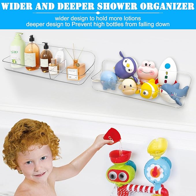 Cerpourt 2PK Bath Toy Storage Holder for Bathtub Large，Acrylic Adhesive Shelves, Adhesive Tape Bathroom Mirror Shelf,No Drilling Capacity Bathtub Toy Organizer Shower Caddy for Bathroom