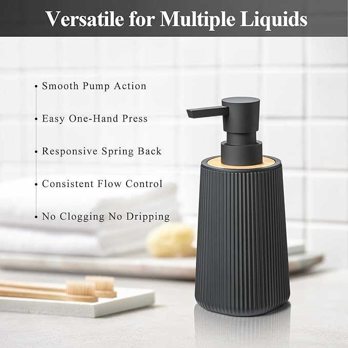 Black Hand Soap Dispenser Set with Bamboo Decor and No Rust Pump for Bathroom and Kitchen Countertops Refillable Striped Matte Plastic 8.5 oz