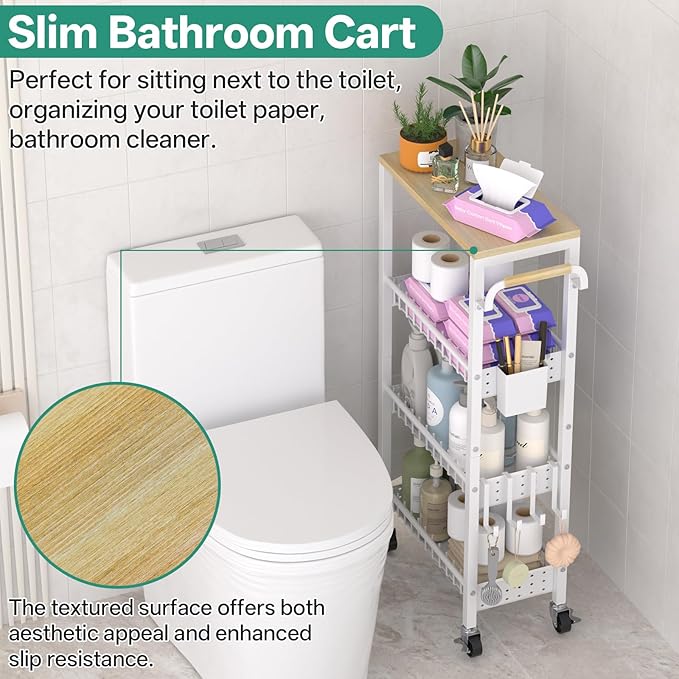 DTUQYX Slim Rolling Storage Cart, 4 Tier Small Organizer Cart with Wheels, Metal Utility Shelf Kitchen Bathroom Laundry Room Organization Trolley with Handle for Narrow Space (9.1" Overall Width)
