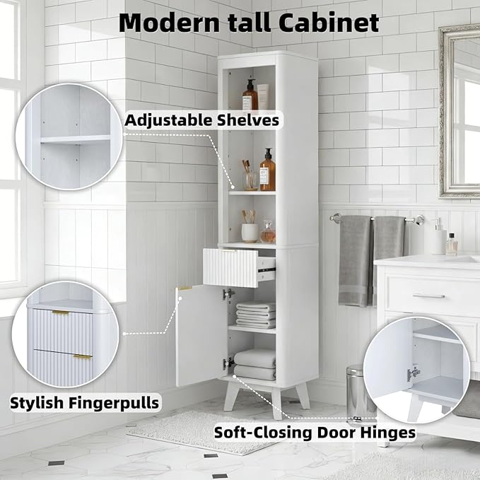 XIAO WEI 68" Tall Bathroom Storage Cabinet, Narrow Bathroom Storage Cabinets with 3 Adjustable Shelves, Slim Wooden Storage Cabinet with 1 Drawer & Door for Bathroom, White