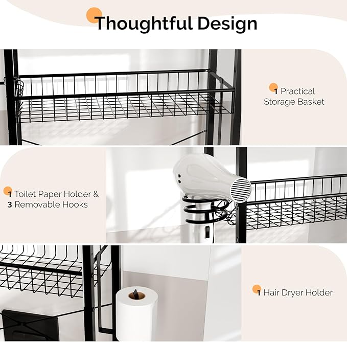 VINGLI Over-the-Toilet Storage Rack,4 Tier Bathroom Shelf Organizer Adjustable with Basket and Paper Holder,Freestanding Bathroom Space Saver Matal Stand with Feet Pad Above Toilet,Rustic Brown