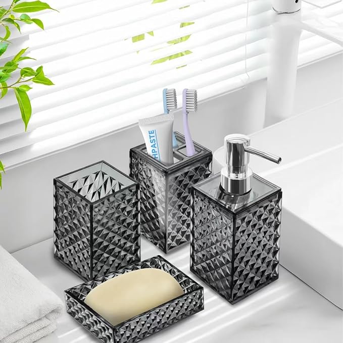Bathroom Accessory Set, 4 PCS Grey Bathroom Accessories Set, Soap Dispenser and Toothbrush Holder Set, Soap Dish and Mouthwash Cup, Boho Bathroom Decor, Plastic Bathroom Sets Accessories