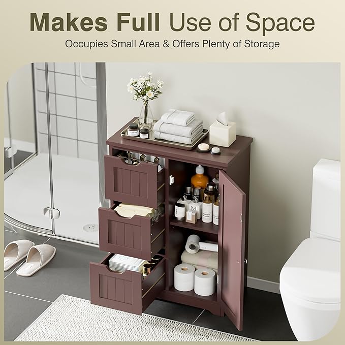 SUPER DEAL Bathroom Storage Cabinet with 3 Drawers and 1 Door, Entryway Home Decor Furniture Towels Storage Organizer Unit, Brown