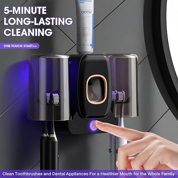 LXIANGN 3 in 1 Toothbrush Cleaner Holders,Rechargeable Wall Mounted Toothbrush Holder Toothpaste Dispenser Automatic 2 Cups Tooth Brush Holder for Bathroom, No Drilling, 4 Slots (Black)