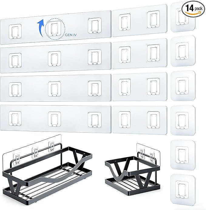 14 Pack Shower Caddy Adhesive Replacement Flat Strips, Heavy Duty Transparent Waterproof Hooks for Bathroom Storage Shelves, No-Drilling Sticky Wall Mount Hooks for Kitchen Organizers