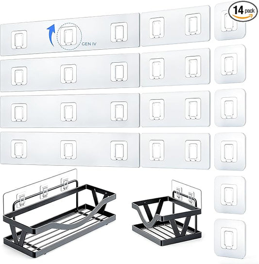 14 Pack Shower Caddy Adhesive Replacement Flat Strips, Heavy Duty Transparent Waterproof Hooks for Bathroom Storage Shelves, No-Drilling Sticky Wall Mount Hooks for Kitchen Organizers