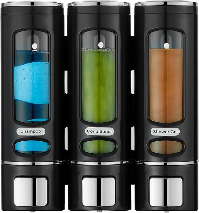 Shampoo and Conditioner Dispenser,Shower Shampoo Dispenser 3 Chamber No Drilled Shampoo Dispenser for Shower Wall Mounted Shower Dispenser Body Wash Dispenser for Bathroom Kitchen Hotel, Black