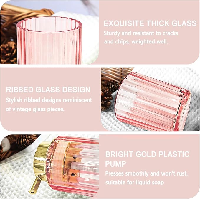 CERBIOR Bathroom Accessories Set, 4 Pcs Glass Accessories Sets Includes Soap Dispenser, Toothbrush Holder, Toothbrush Cup, Soap Dish for Decorative Countertop and Housewarming Gift,Golden Pink