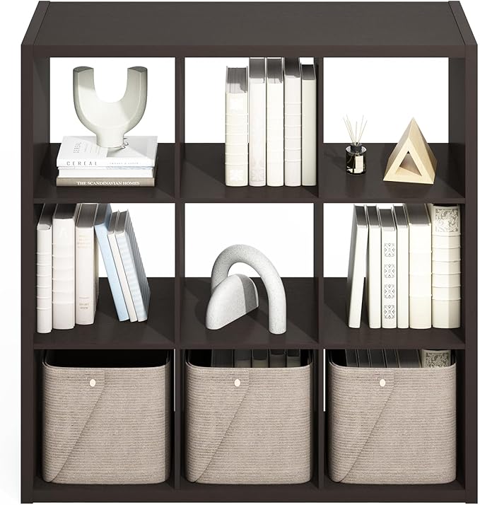 Furinno Simple Cube Storage Organizer, 9-Cube Display Shelf, Open Back Shelving Unit, Storage Shelves, Extra Thick Frame, for Organization and Storage, Living Room, Home Office, Black Dark Oak