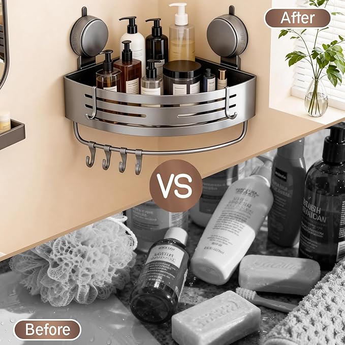 No-Drilling Corner Suction Cup Shower Caddy(1-Pack Gray),Rust-Proof and Durable Bathroom Organizer with Towel Bar & Hooks,Modern Large-Capacity Wall-Mounted Shower Shelf