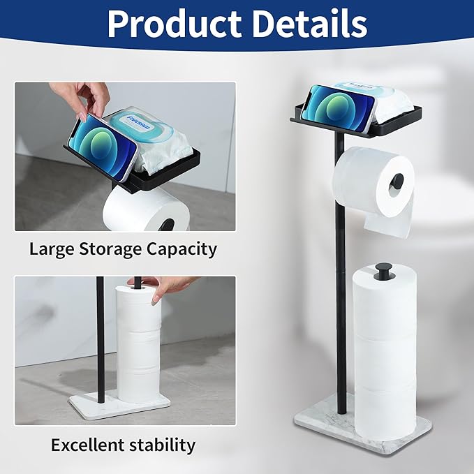 Toilet Paper Holder with Phone Stand - Extra Heavy Duty Marble Base Toilet Paper Holder Free Standing Built in Wet Wipe Holder