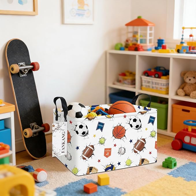 Storage Bins,Nursery Hamper Canvas Laundry Basket Foldable with Waterproof PE Coating Storage Baskets for Boys and Girls, Office, Bedroom, Clothes,Toys(Rec-3D Sports Balls ）