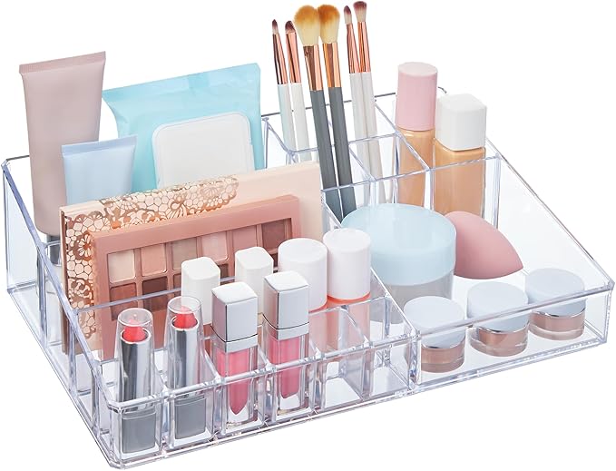 STORi Audrey Clear Vanity Makeup Organizer | 15-Compartment Holder for Brushes, Eyeshadow Palettes, & Beauty Supplies | Stacks on Audrey Storage Drawers | Made in USA