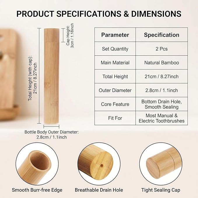 2 Pcs Natural Bamboo Toothbrush Storage Holder Empty Reusable Portable Toothbrush Case with Cover Personal Cleaning Tools Container Organizer Tube for Travel Trip