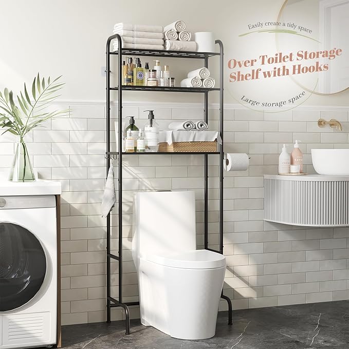 STDDRE 3-Tier Over The Toilet Storage Space Saver with Paper Holder Freestanding Rack Metal Bathroom Shelves with Hooks Above The Toilet Storage Shelf (Black, 3 Tier)