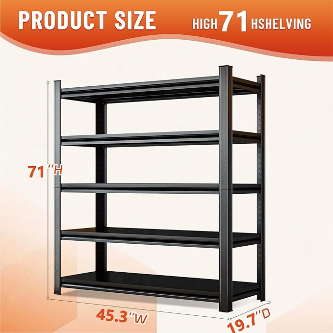 5-Tier Adjustable Multi-Purpose Storage Rack – Space Saving Organizer Shelf for Kitchen, Bathroom, Living Room,Garage – Corrosion-Resistant Metal, 45.3''W×19.7''D×71''H