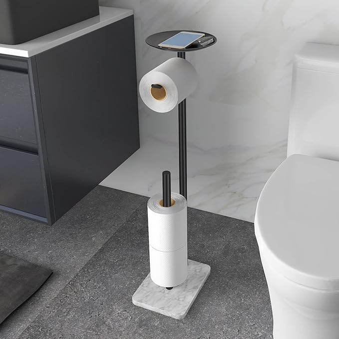 FEILERN Toilet Paper Holder Stand for Bathroom Floor Standing Toilet Roll Dispenser Storages 4 Reserve Rolls, with Top Storage Shelf for Cell Phones, Wipe, Wallet and More(Marble Black)