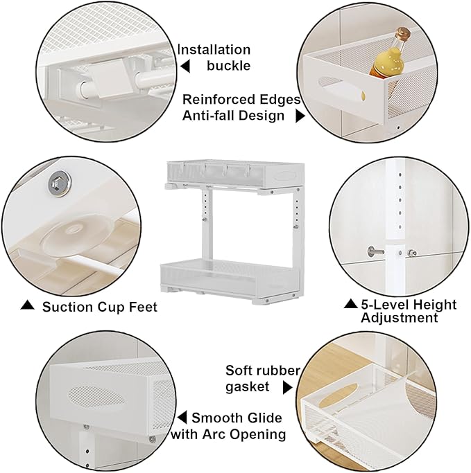 2 Pack Under Sink Pull Out Organizer, 2-Tier Adjustable Height Carbon Steel Storage Rack for Kitchen and Bathroom Cabinet, White