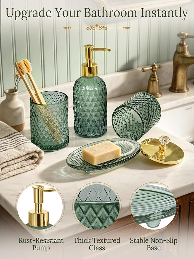 Bathroom Accessories Set, 4Pcs Sage Green Glass Bathroom Accessory Set Complete w/Lotion Soap Dispenser, Toothbrush Holder, Qtip Holder, Soap Dish, Gold Bathroom Decor Sets, Gift for Home Apartment