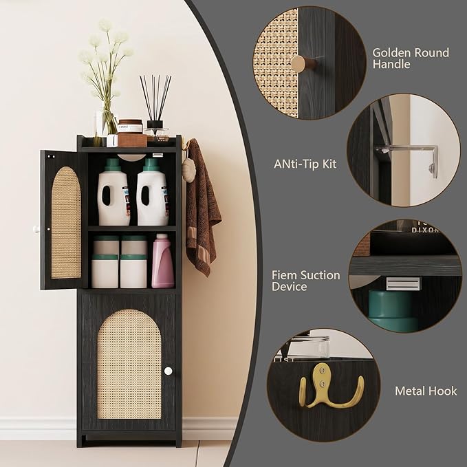 Rattan Bathroom Storage Cabinet,Corner Floor Cabinet with 2 Doors and Adjustable Shelf, Narrow Toilet Paper Cabinets with 2Hooks,Toilet Organizer for Small Spaces,7.87"D*9.84"W*29.72"H（Black）