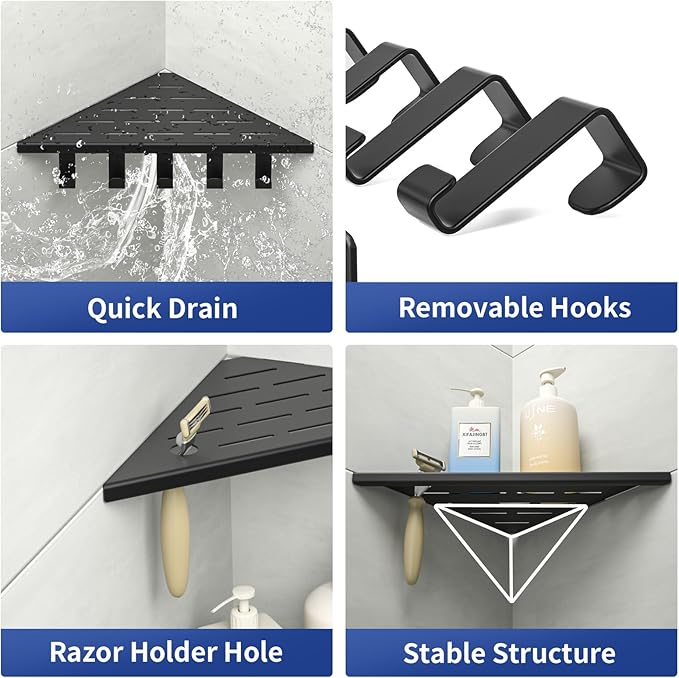 10'' Corner Shower Shelf, 304 Stainless Steel Shelves for Bathroom, Grout in Shelf with Hooks for Tiled Wall (Matte Black)