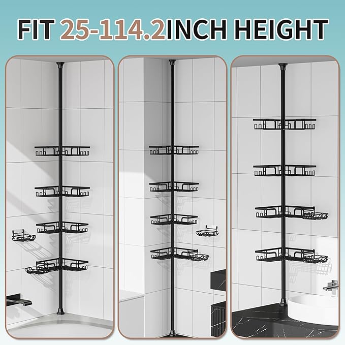 KEGII 2-in-1 Soap Holders x 2 & 32 Hooks Shower Caddy Tension Pole, Stainless Steel Adjustable Corner Shower Organizer for Bathroom, 25–114.2 Inches, Black