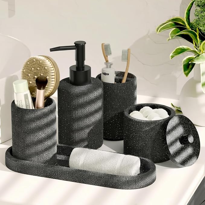 Clara Clark Bathroom Set - Coal Black Bathroom Accessories Set, 5PC Bathroom Accessory Set, Bathroom Sets with Soap Dispenser, Toothbrush Holder, Tumbler, Cotton Swab Jar & Vanity Tray