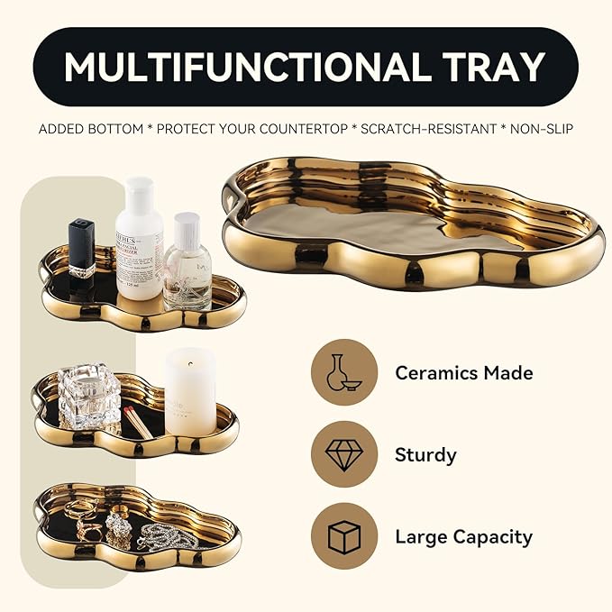 Gold Bathroom Accessory Set, 3-Piece Gold Ceramic Bath Accessories Set with Tray, Lotion Dispenser, and Tumbler for Luxurious Bathroom Decor