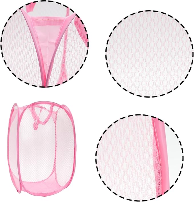 2Pcs Small Laundry Hampers, Folding Popup Mesh Laundry Basket, Collapsible Dirty Clothes Hamper, Portable Mesh Popup Hamper, Ideal for Bedroom, Travel and Home Use (Pink & Yellow)