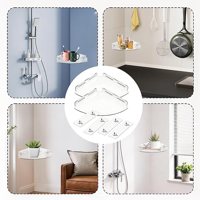 2 Pcs Acrylic Shower Caddy Corner Shelves for Bathroom Wall Mounted Floating Shower Organizer Corner Shelf No Drilling Storage Organizer Wall Shelf for Bathroom, Home Decor, Kitchen, Bedroom, Toilet