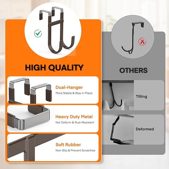 FYY Over The Door Hooks - 4 Pack Heavy Duty Double-Hanger Organizer for Bathroom Bedroom Dorm, Hanging Clothes Towels Hats Bags Ironing Board Wreath Robe - Fits Interior Doors Up to 1 3/8" Brown