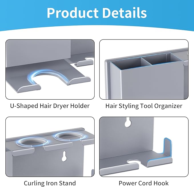 BOIVSHI Blow Dryer Holder, 2 Installation Methods (Adhesive & Screws) Hair Dryer Holder Wall Mounted, Metal Hair Tool Organizer for Curling Iron, Straightener, Bathroom Wall Organizer, Gray