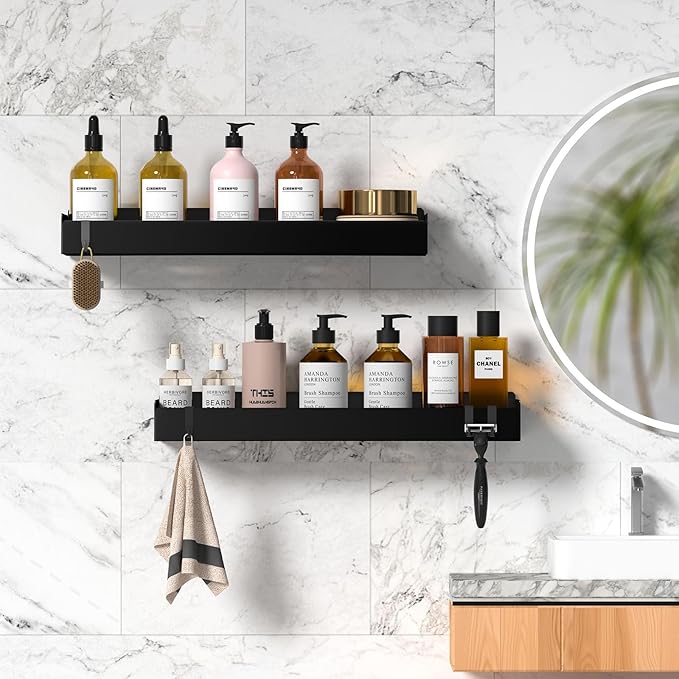 Wisfame Shower Caddy Black,40cm Adhesive Shower Shelve with Large Capacity, Quick-Dry Metal Bathroom Shelves with 8 Hooks, 2 Pack Drill-Free Rustproof Durable Shower Organizers Rack