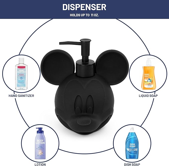 Jay Franco Disney Mickey Mouse Soap Dispenser - Black Resin Lotion Pump - Bathroom Décor