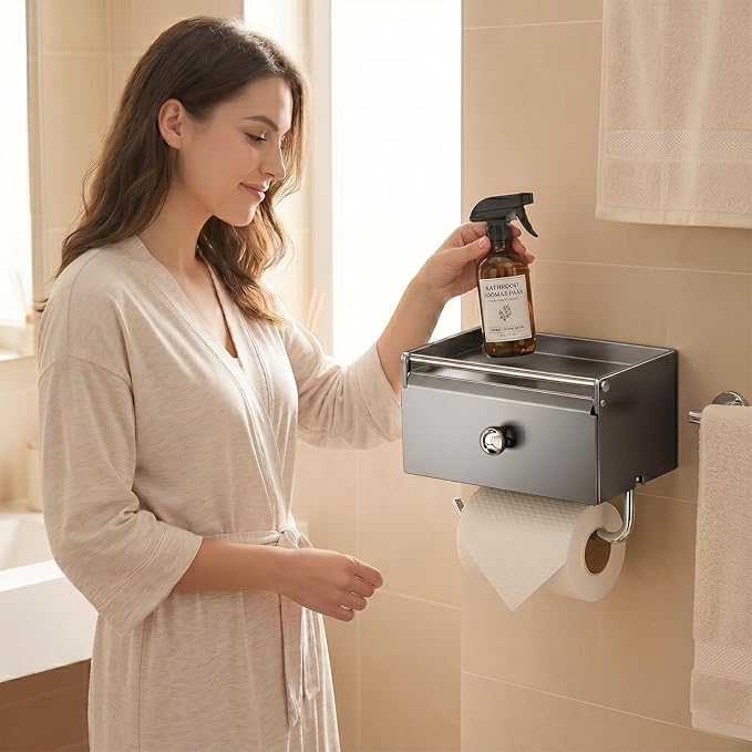 Toilet Paper Holder with Shelf,Wall Mount Toilet Paper Roll Holder,Self-Adhesive Tissue Towel Holders,Flushable Wipes Dispenser for Storage,Front Flip Design with Hanging Rod for Bathroom (Grey)