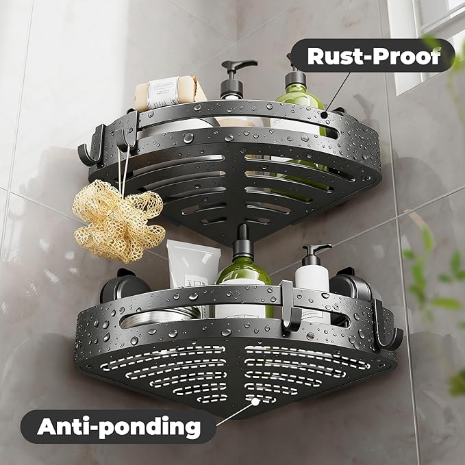 Corner Shower Caddy Suction Cup,Shower Shelves with Hooks,No Drilling Powerful Upgrade Suction Bathroom Corner Organizers and Storage,Removable Waterproof Rustproof Shower Shelf Bathroom Decor