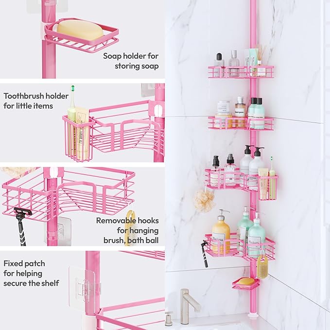 SWTYMIKI Shower Caddy Tension Pole - 4-Tier Corner Shower Organizer Tension Rod with Soap Holder, Toothbrush Holder & 4 Hooks, Adjustable Stainless Steel Bathroom Organizer 27.6 to 108.3 inch, Pink