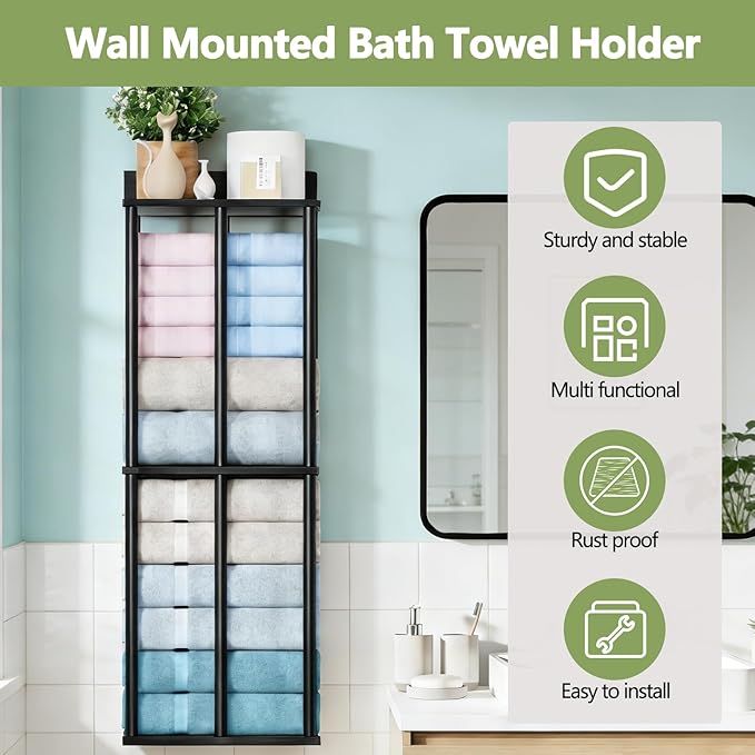 Towel Racks for Bathroom Wall Mounted with Shelf, Updated 3 Bar Bathroom Towel Holder Bath Storage Rack for Rolled Towel, Metal Small Bathrooms Towel Storage Rack, Black