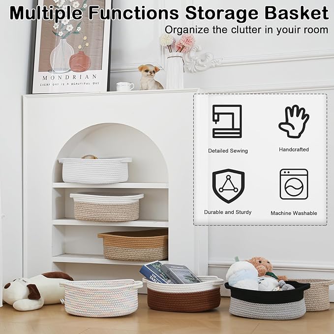 2 Pack Small Woven Rope Basket-Empty Gifts Basket with Bag and Ribbons,Cute Handle Organizer Box for Birthday/Baby Shower, Toy Storage, Nursery Organizing & Shelf Decor(White&Grey)