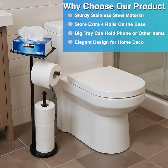 Toilet Paper Holder with Shelf, Freestanding Toilet Paper Stand with Storage Space for Holding Extra 4 Toilet Paper Rolls (Stainless Steel Base, Black)
