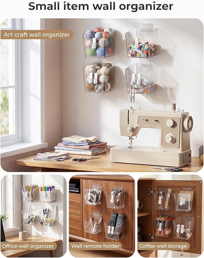 Wall Mount Organizer, 6 Hooks and 4 Pack Cabinet Door Storage Bins, Space-Saving Adhesive Bathroom Wall Organizer, Wall Storage for Office, Cabinet, Pantry, Kitchen, Makeup