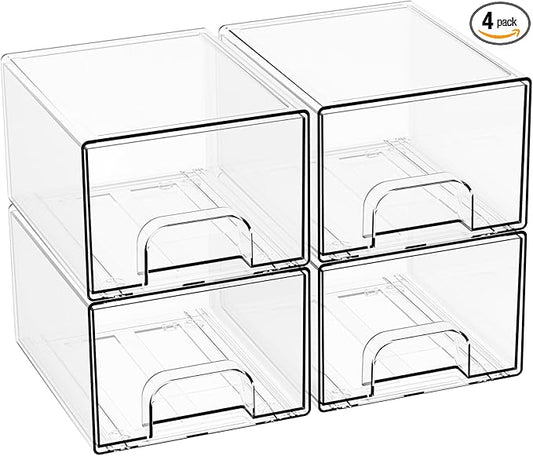 4.4" Tall Small Clear Acrylic Stackable Storage Drawers for Vanity,Under Sink,Bathroom Closet,Medicine Cabinet Organization and Plastic Storage Bins for Organizing Makeup,Baby Bottles,Pacifier,4 PCS