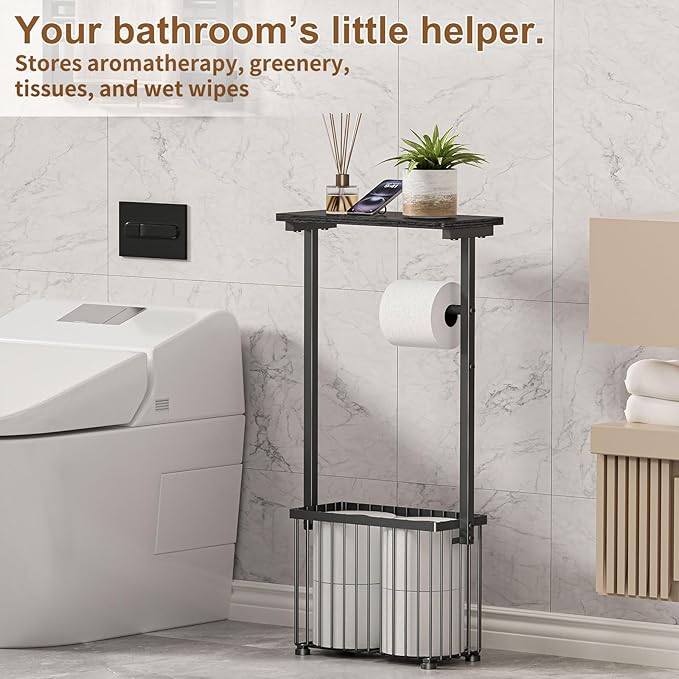 Free Standing Toilet Paper Holder Toilet Storage Stand Bathroom Holder with Storage Paper Towel Holder with Shelf,Simple Black,Can Hold 4-6 Rolls.Place Mobile Phones