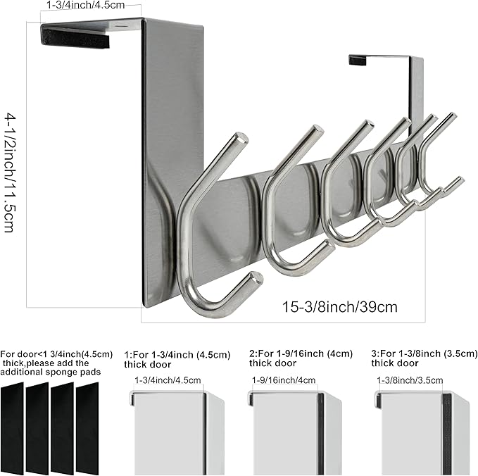 WEBI Over The Door Hook Door Hanger:Over The Door Towel Rack with 6 Coat Hooks for Hanging,Towel Hanger Door Coat Hanger Over Door Coat Rack for Towels,Clothes,Back of Bathroom,Silver,2 Packs