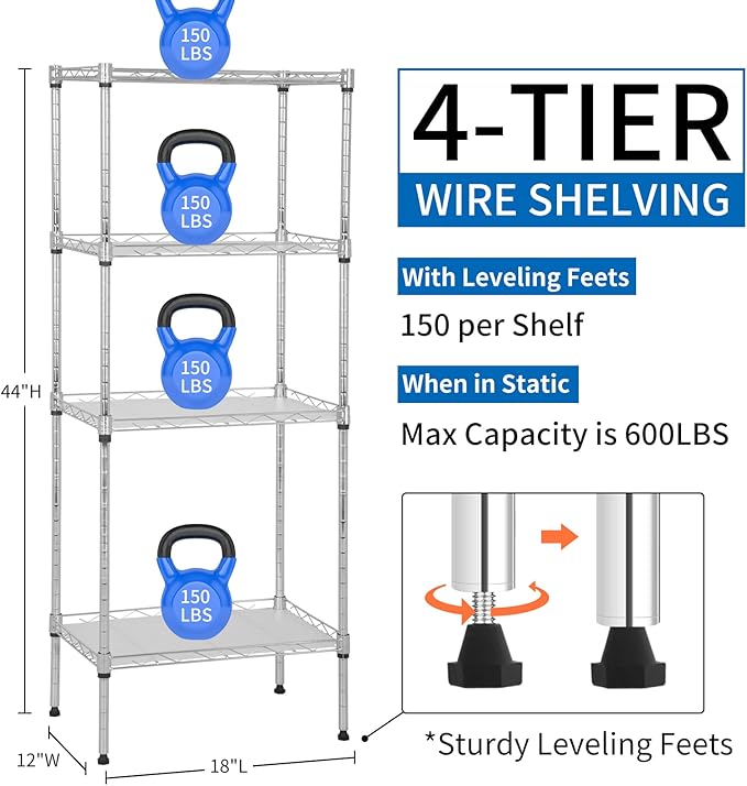 Wire Shelving Unit with PP Liners, 4 Tier Metal Storage Shelves for Laundry Room Organization, Closet Shelf Organizer, Kitchen Rack, Garage Storage, Chrome, 18" x 12" x 44" ﻿