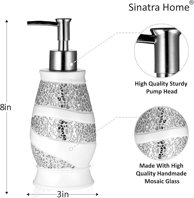Zahari Home Sinatra Soap Dispenser/Lotion Pump Unique Design Bling Glass Mosaic Décor, White