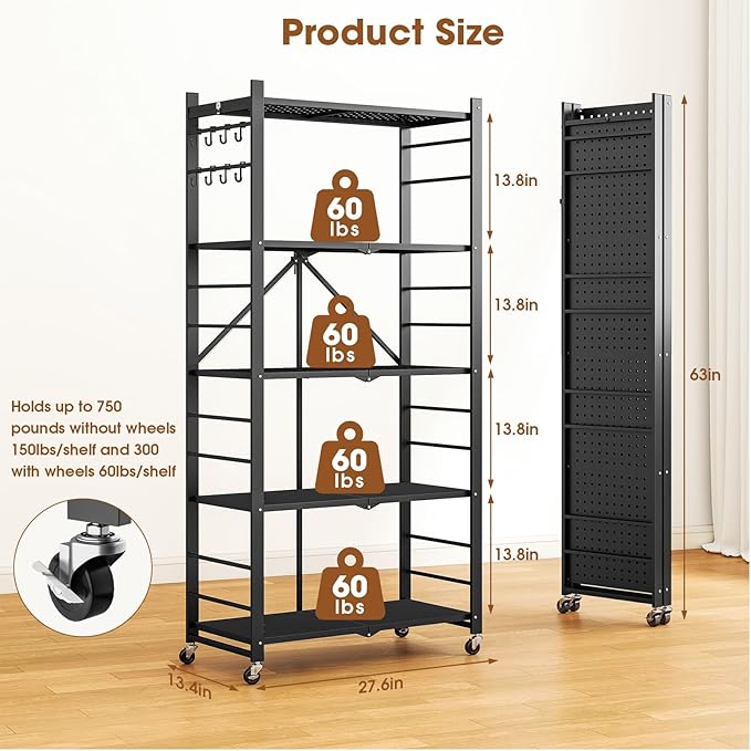 5-Tier Folding Metal Storage Shelf with Wheels & Hooks, Heavy Duty Utility Rack, No-Assembly Collapsible Organizer for Kitchen, Garage, Office, Living Room – 750 lbs Capacity(Black, 5-Tier)