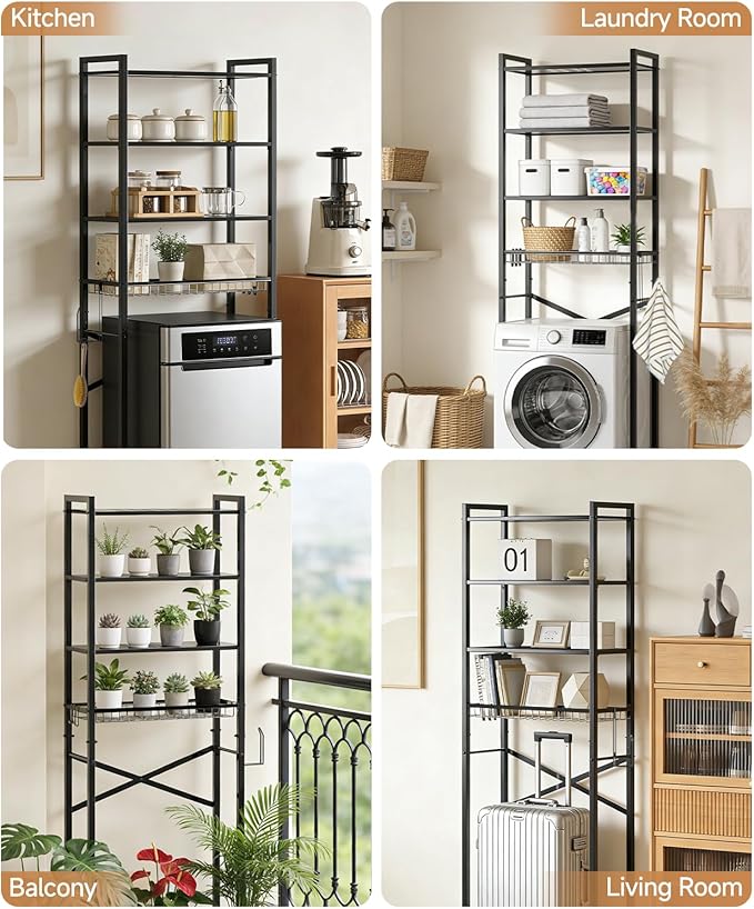 Over the Toilet Storage Rack,4-Tier Adjustable Bathroom Organizer Over Toilet with Storage Basket & 4 Hooks,Space Saving Shelf for Washer & Mini Fridge,Rustproof,Black Metal